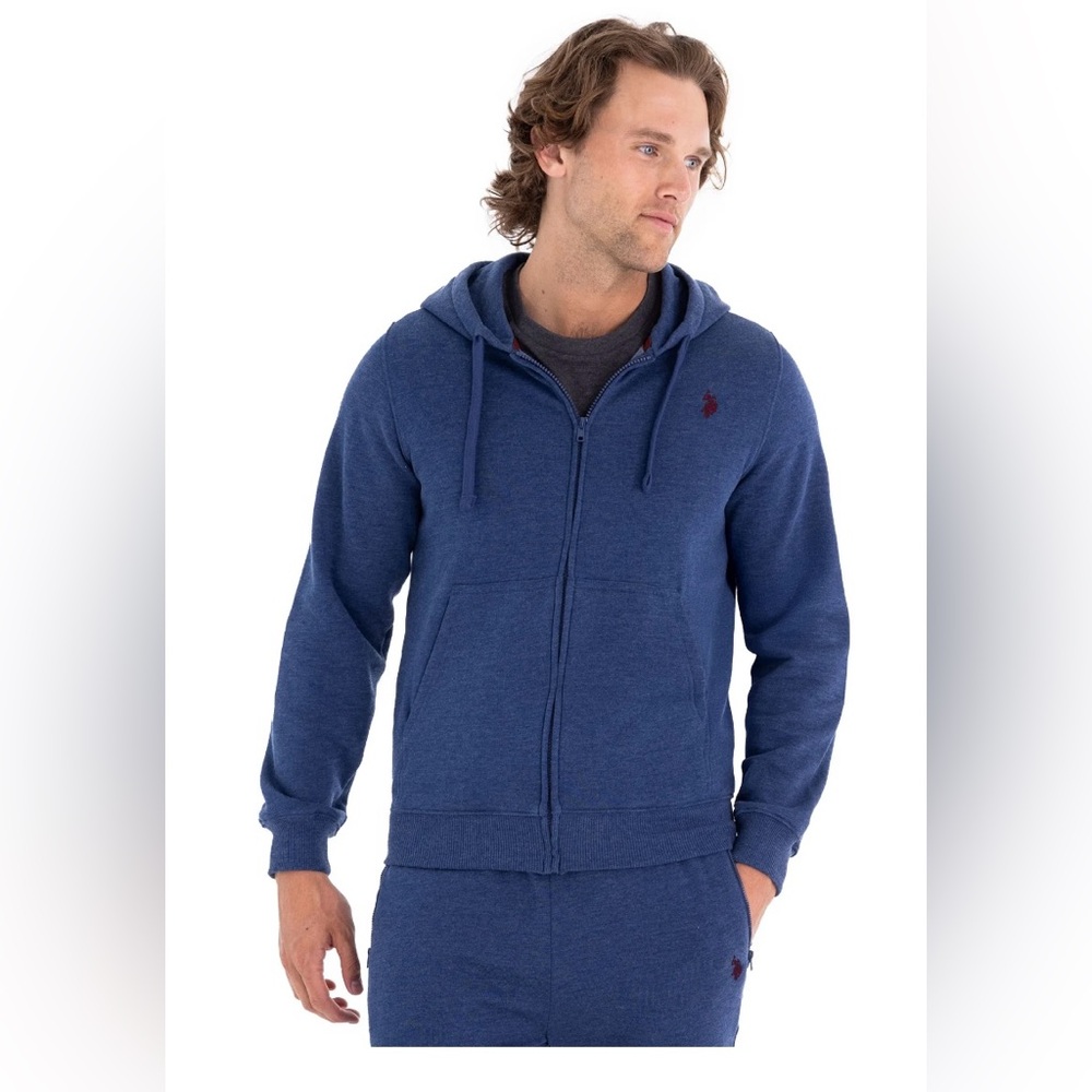 NWT U.S. Polo Assn Men’s Full Zip Fleece Hoodie Rinse‎ Blue Heather Medium